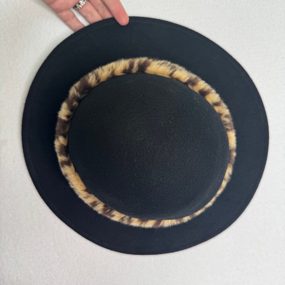 Vintage 1980s Black Wool Felt Wide Brim Hat Leopard Faux Fur Made USA 22” - Picture 12 of 14